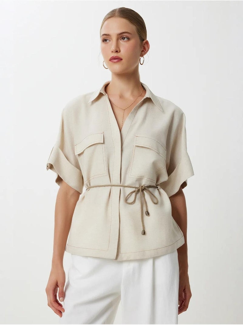 Ravissante chemise ample à cordon de serrage avec détails de bordure istanbul Beige argile - Kiabi