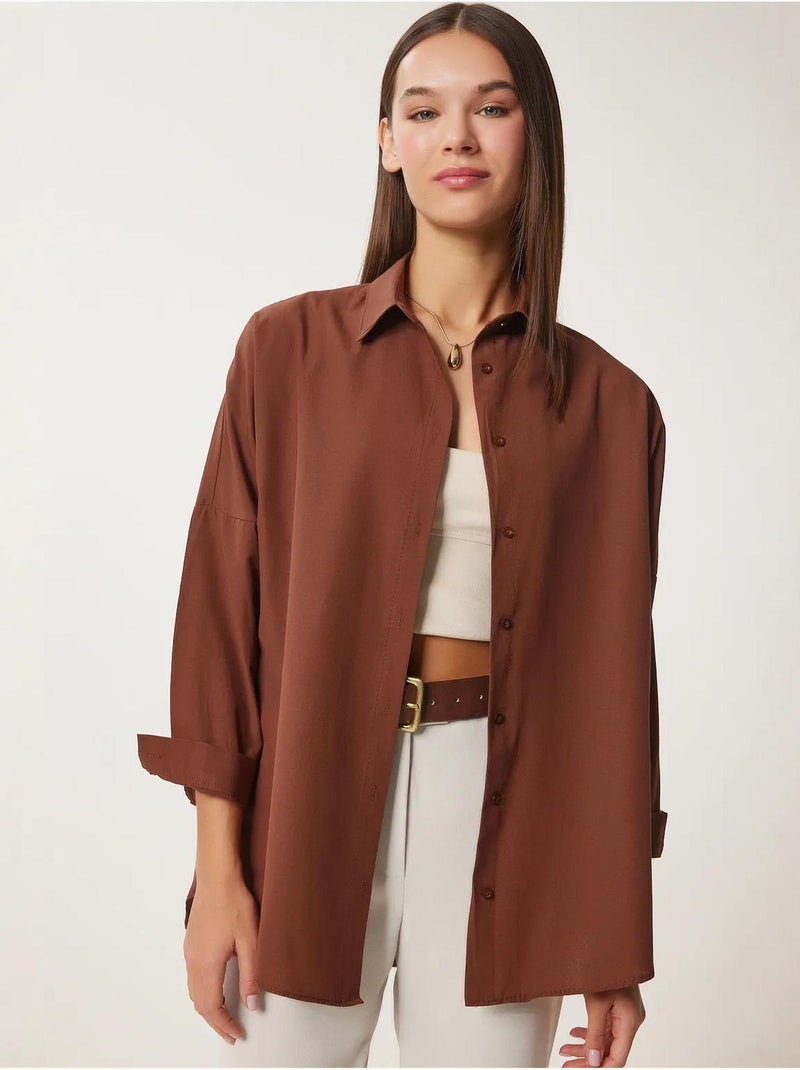 Ravissante chemise oversize en popeline à manches longues istanbul Marron foncé - Kiabi