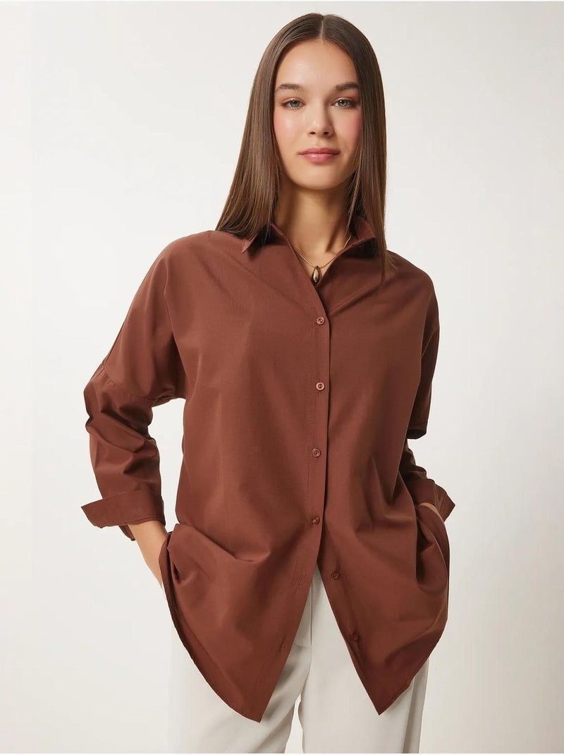 Ravissante chemise oversize en popeline à manches longues istanbul Marron foncé - Kiabi