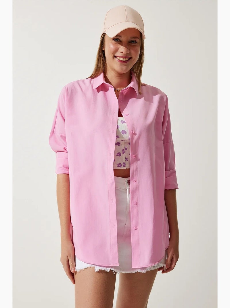 Ravissante chemise oversize en popeline à manches longues istanbul Rose fluo/Solinotes - Kiabi