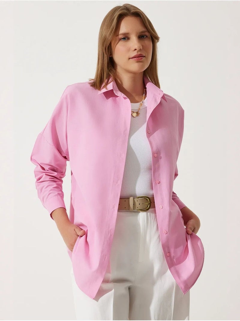 Ravissante chemise oversize en popeline à manches longues istanbul Rose fluo/Solinotes - Kiabi