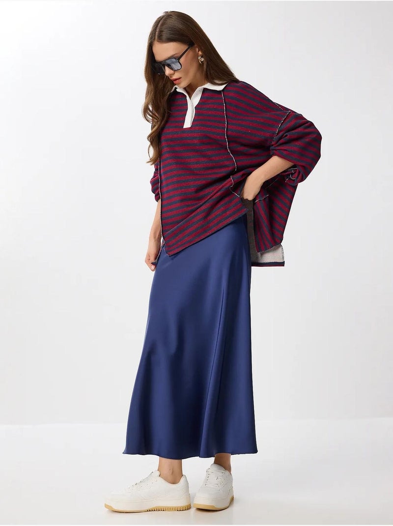 Ravissante jupe longue en satin taille haute istanbul Bleu marine - Kiabi