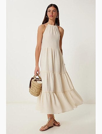 Ravissante robe longue à col halter et volants istanbul