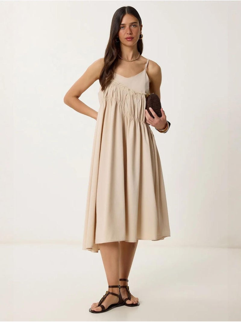 Ravissante robe midi à col en u et volants istanbul Crème - Kiabi