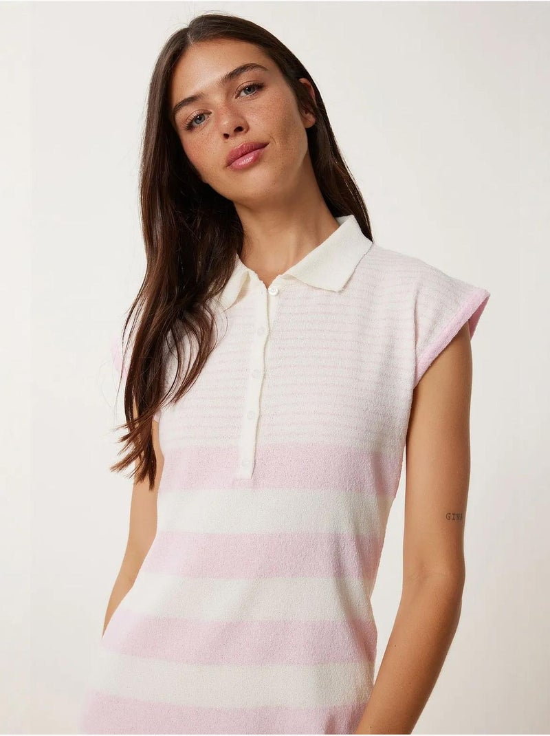 Ravissante robe moulante en maille rayée avec col chemise istanbul Rose clair - Kiabi