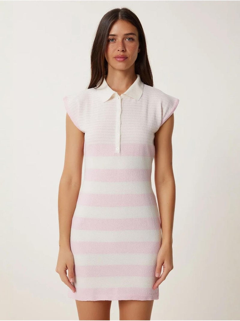 Ravissante robe moulante en maille rayée avec col chemise istanbul Rose clair - Kiabi