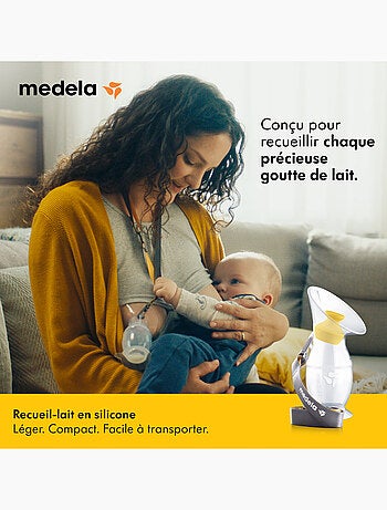 Recueil-lait en silicone Medela - Collecteur de lait maternel, anti-fuites, socle-ventouse et cordon