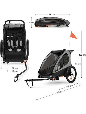 Remorque vélo Kinderkraft NAVA WALK 2-en-1 poussette 2 places pliable frein STOP harnais 5 pts