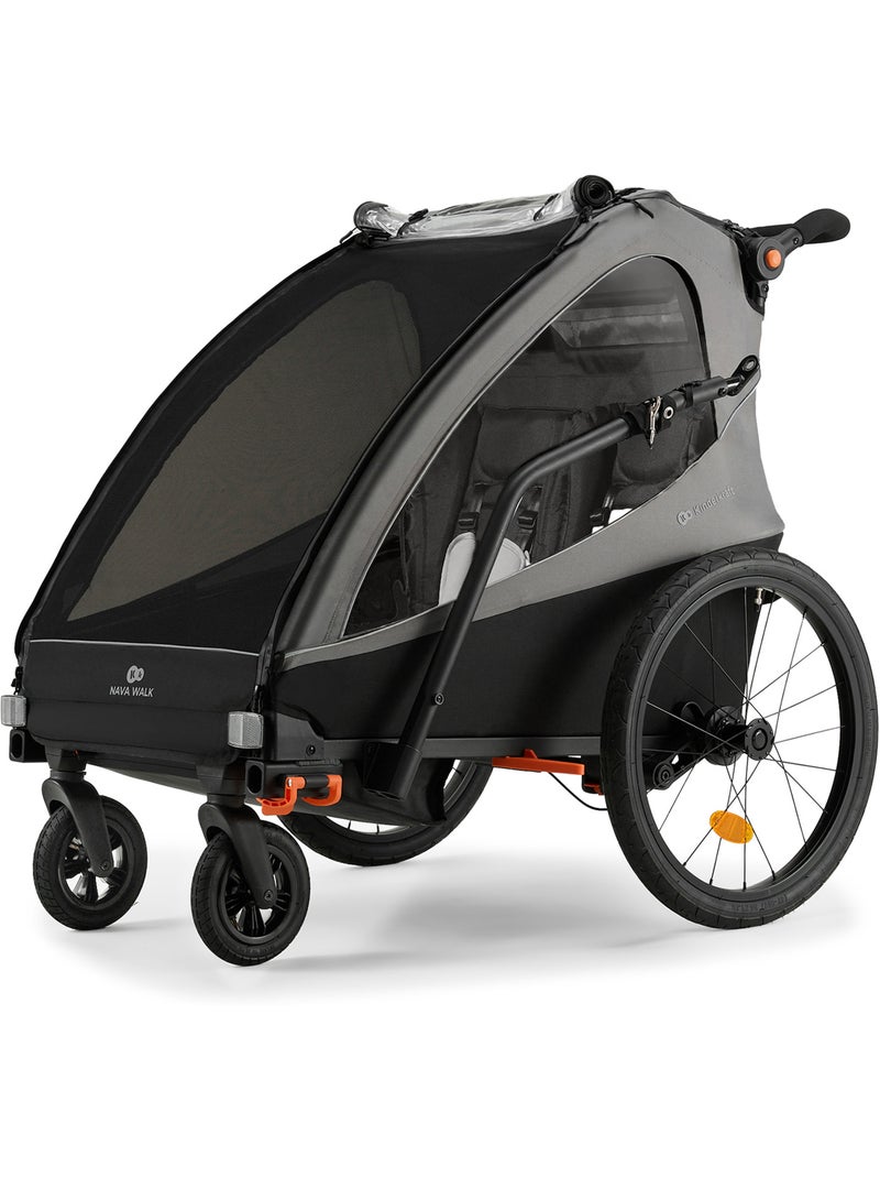 Remorque vélo Kinderkraft NAVA WALK 2-en-1 poussette 2 places pliable frein STOP harnais 5 pts Gris - Kiabi