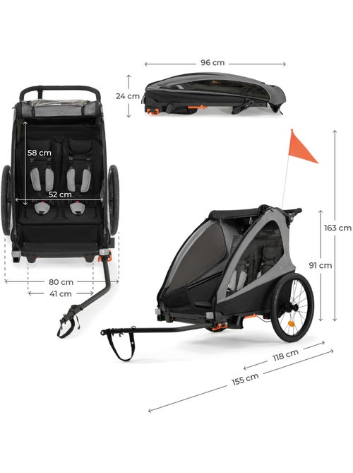 Remorque vélo Kinderkraft NAVA WALK 2-en-1 poussette 2 places pliable frein STOP harnais 5 pts - Kiabi Remorque vélo Kinderkraft NAVA WALK 2-en-1 poussette 2 places pliable frein STOP harnais 5 pts - Kiabi