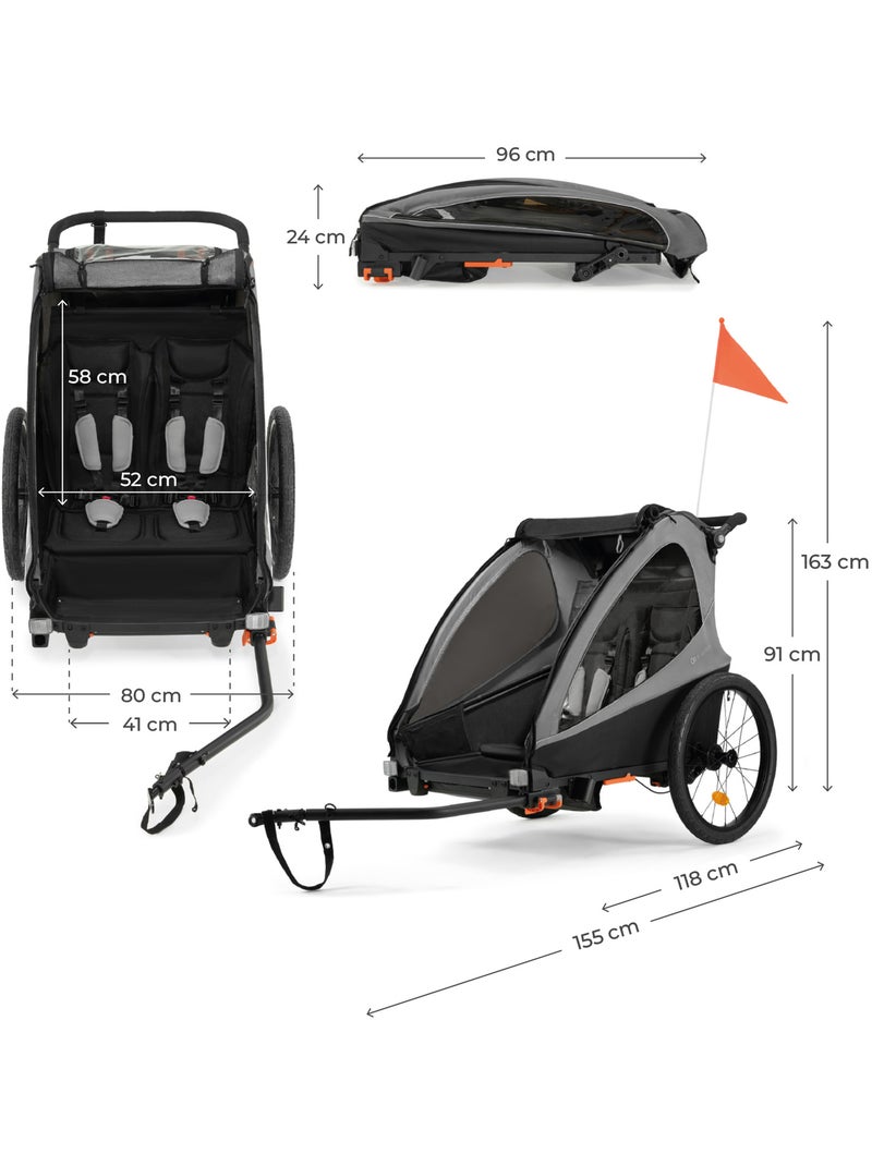 Remorque vélo Kinderkraft NAVA WALK 2-en-1 poussette 2 places pliable frein STOP harnais 5 pts Gris - Kiabi