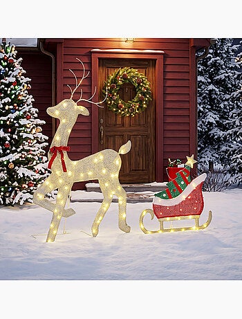 Renne et traîneau lumineux de noël 95 leds blanc chaud 8 modes