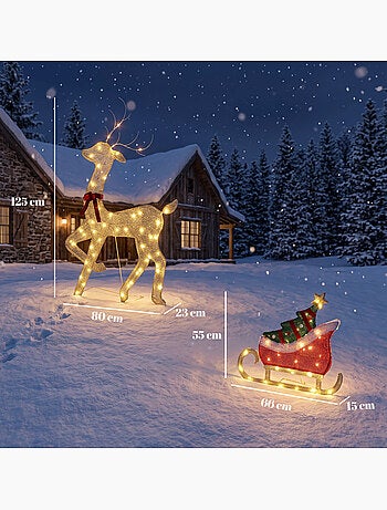 Renne et traîneau lumineux de noël 95 leds blanc chaud 8 modes