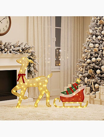 Renne et traîneau lumineux de noël 95 leds blanc chaud 8 modes