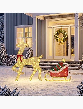 Renne et traîneau lumineux de noël 95 leds blanc chaud 8 modes