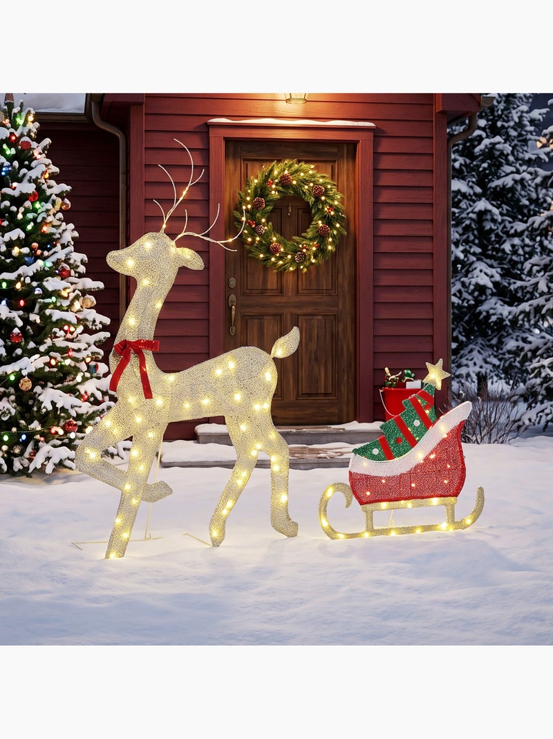 Renne et traîneau lumineux de noël 95 leds blanc chaud 8 modes Jaune - Kiabi
