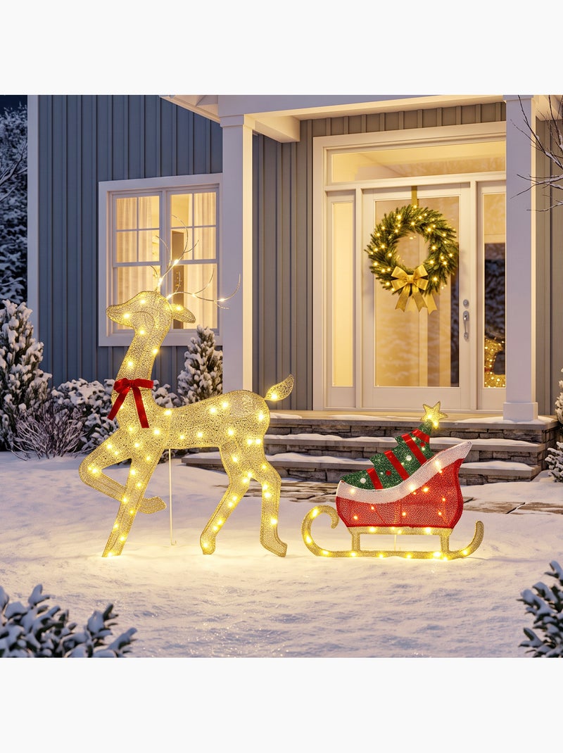 Renne et traîneau lumineux de noël 95 leds blanc chaud 8 modes Jaune - Kiabi