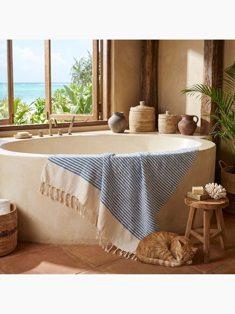 Reva | Authentique fouta en nid d'abeille coton recyclé 1x2 m Zanzibar Bleu - Kiabi