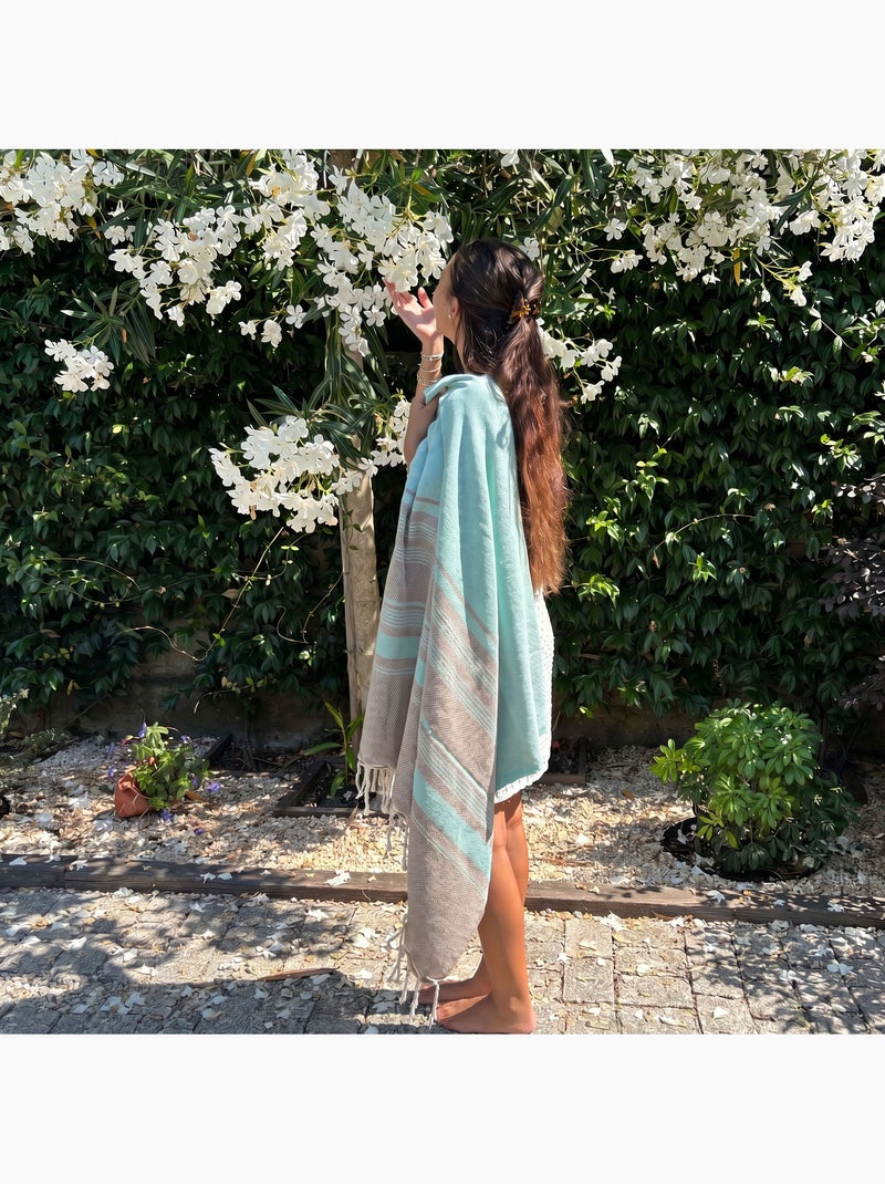 Reva | Fouta de luxe jacquard oeil d'oiseau en coton recyclé 1mx2m Spargi Turquoise - Kiabi