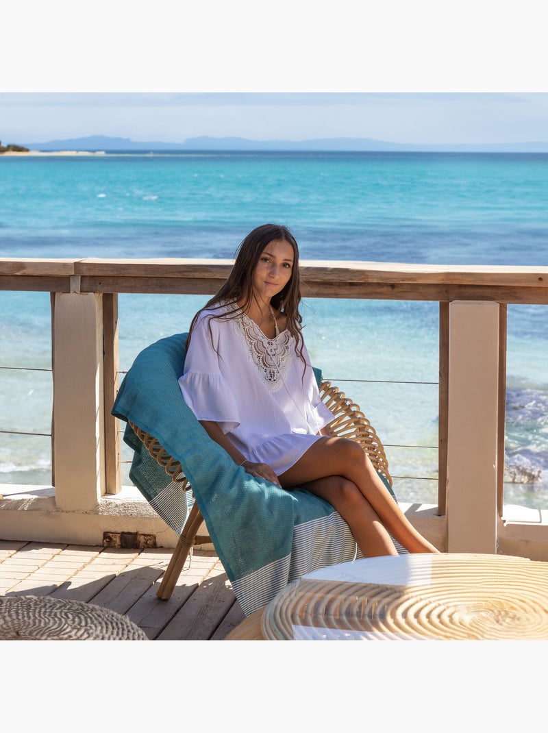 Reva | Fouta serviette plage nid d'abeille coton recyclé 1x2 m Seychelles Bleu turquoise - Kiabi