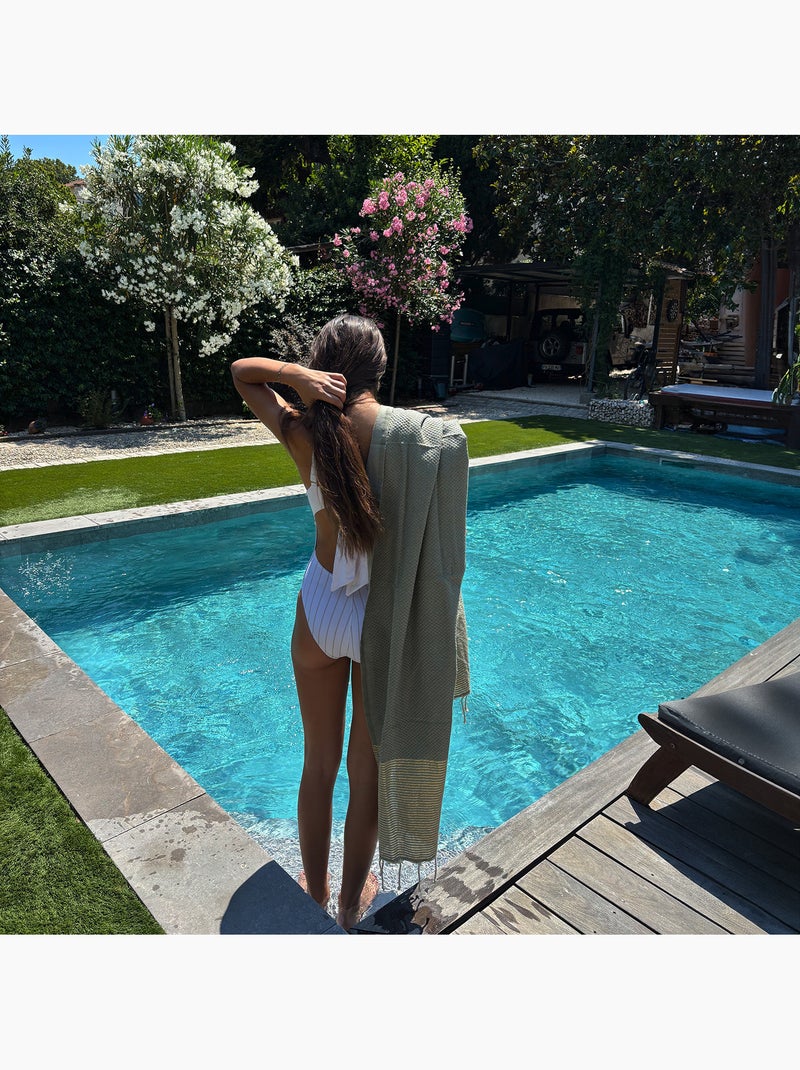 Reva | Fouta serviette plage nid d'abeille coton recyclé 1x2 m Seychelles Kaki - Kiabi