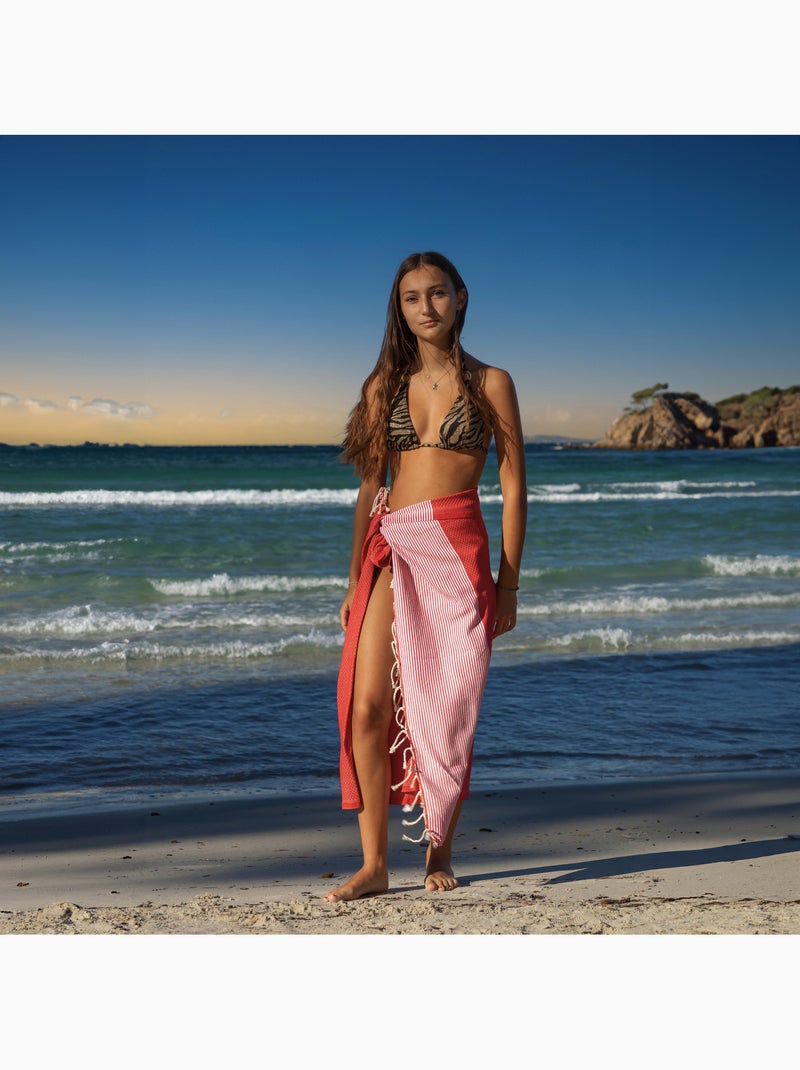 Reva | Fouta serviette plage nid d'abeille coton recyclé 1x2 m Seychelles Rouge - Kiabi