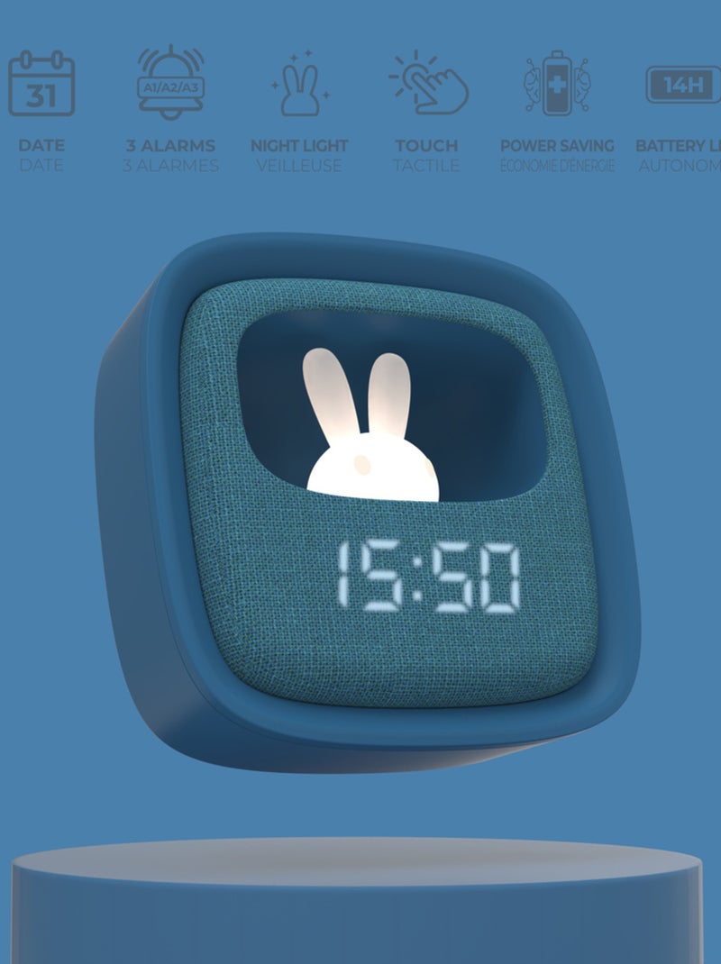 Réveil et Veilleuse pour Enfant Billy Clock - Motif Lapin - Face Avant Tissu - Cadre Plastique - MOB Bleu nuit - Kiabi