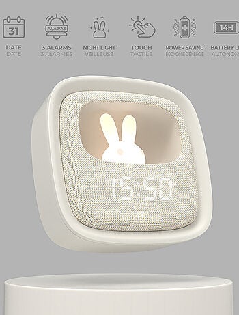 Réveil et Veilleuse pour Enfant Billy Clock - Motif Lapin - Face Avant Tissu - Cadre Plastique - MOB