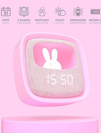 Réveil et Veilleuse pour Enfant Billy Clock - Motif Lapin - Face Avant Tissu - Cadre Plastique - MOB