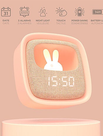 Réveil et Veilleuse pour Enfant Billy Clock - Motif Lapin - Face Avant Tissu - Cadre Plastique - MOB