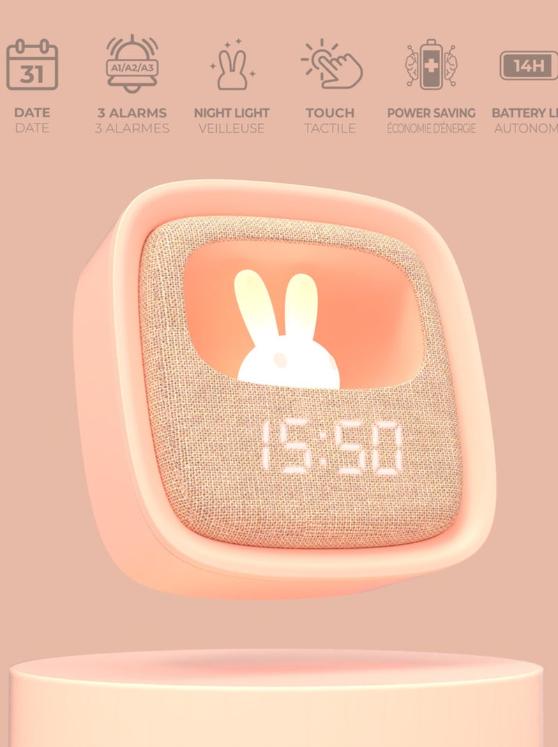 Réveil et Veilleuse pour Enfant Billy Clock - Motif Lapin - Face Avant Tissu - Cadre Plastique - MOB Rose clair - Kiabi