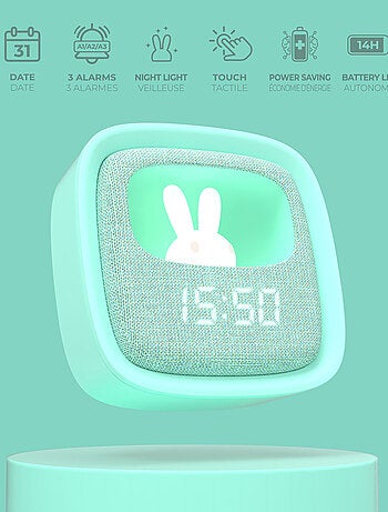 Réveil et Veilleuse pour Enfant Billy Clock - Motif Lapin - Face Avant Tissu - Cadre Plastique - MOB