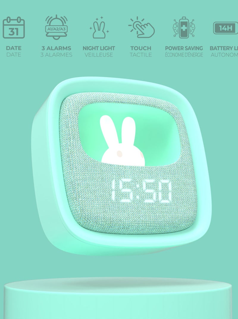 Réveil et Veilleuse pour Enfant Billy Clock - Motif Lapin - Face Avant Tissu - Cadre Plastique - MOB Turquoise - Kiabi