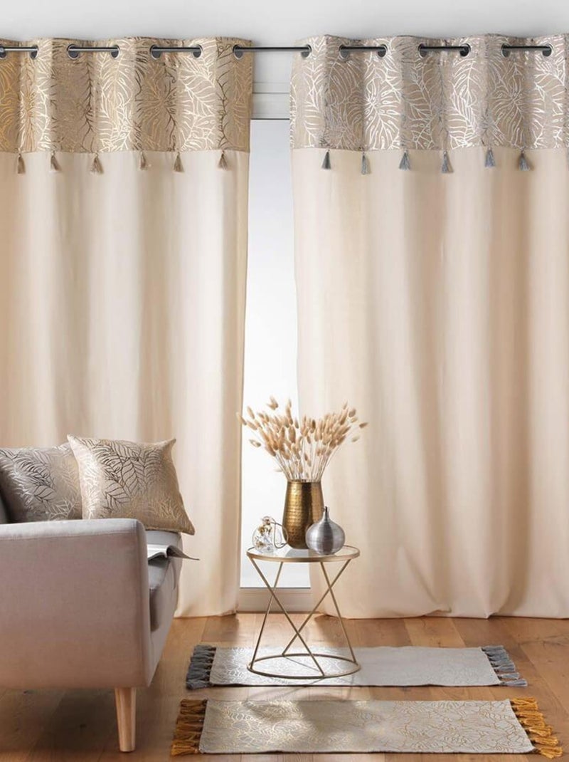 Rideau 140x240 uni top métal pompons Solea argent Beige - Kiabi