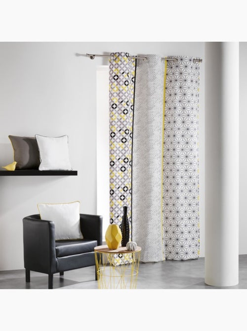 Rideau à œillets 140 x 240 cm – Coton imprimé Remix Gris/Jaune - Kiabi