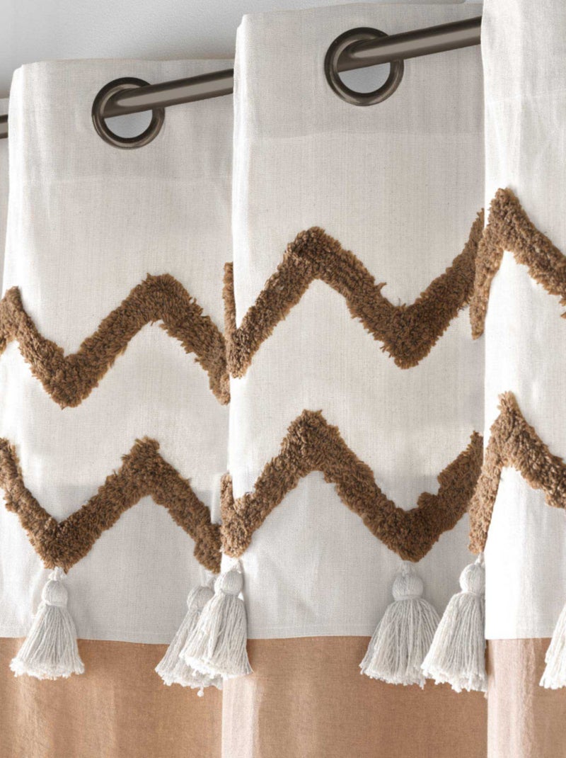 Rideau a oeillets 140 x 240 cm coton +top tufté + pompons Azari Marron - Kiabi