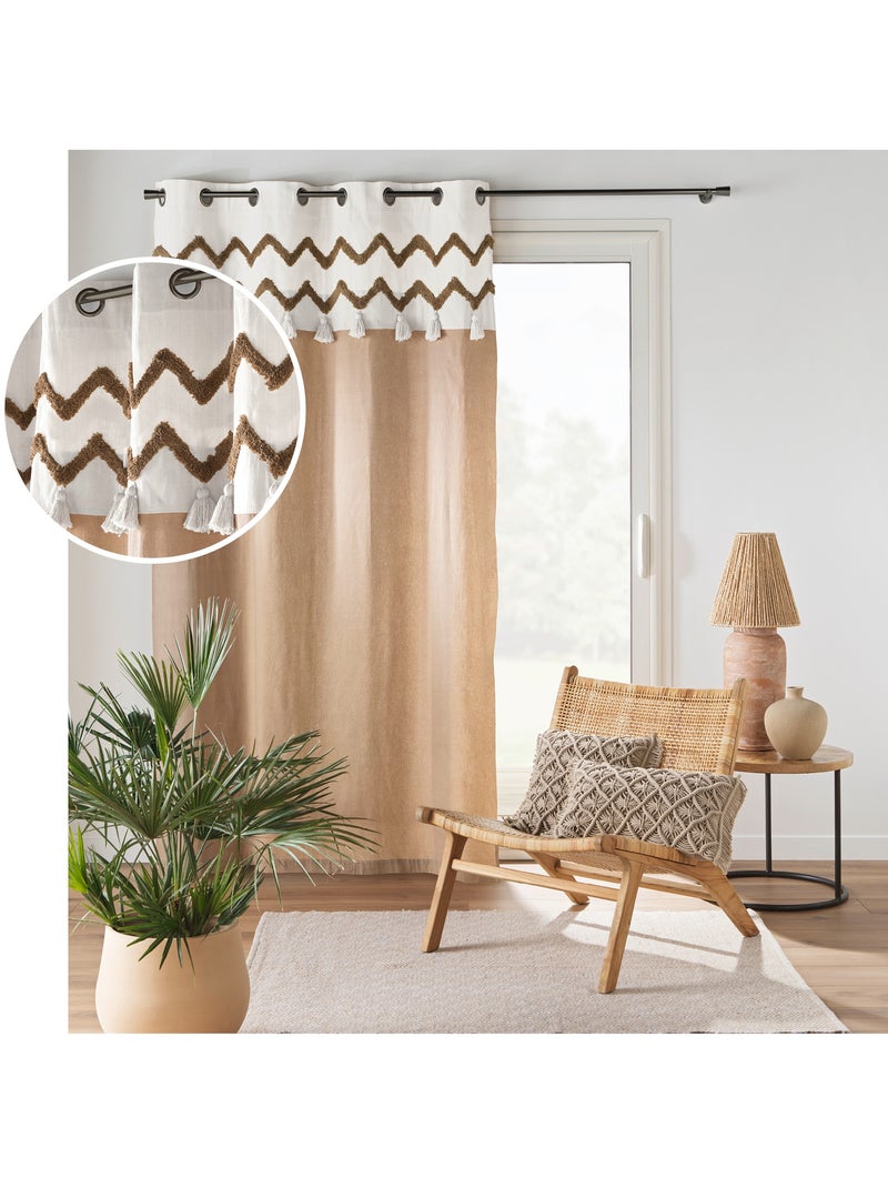 Rideau a oeillets 140 x 240 cm coton +top tufté + pompons Azari Marron - Kiabi