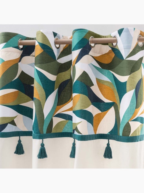 Rideau à œillets 140x240 uni + top imprimé à pompons - Kiabi