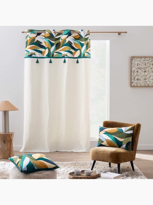 Rideau à œillets 140x240 uni + top imprimé à pompons - Kiabi