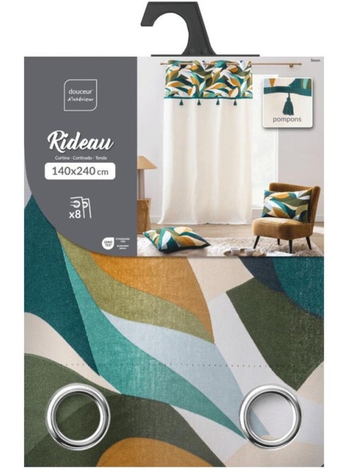 Rideau à œillets 140x240 uni + top imprimé à pompons - Kiabi