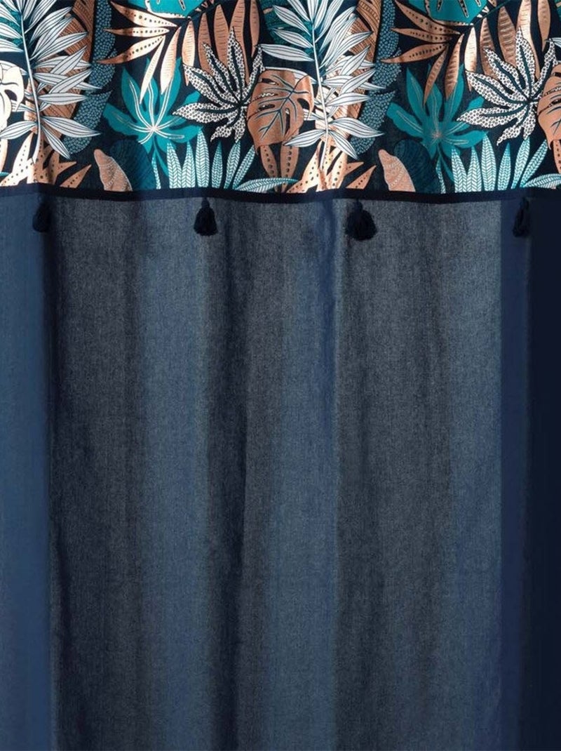 Rideau à œillets 140x240 uni top métallisé pompons Alianor bleu coton Bleu - Kiabi