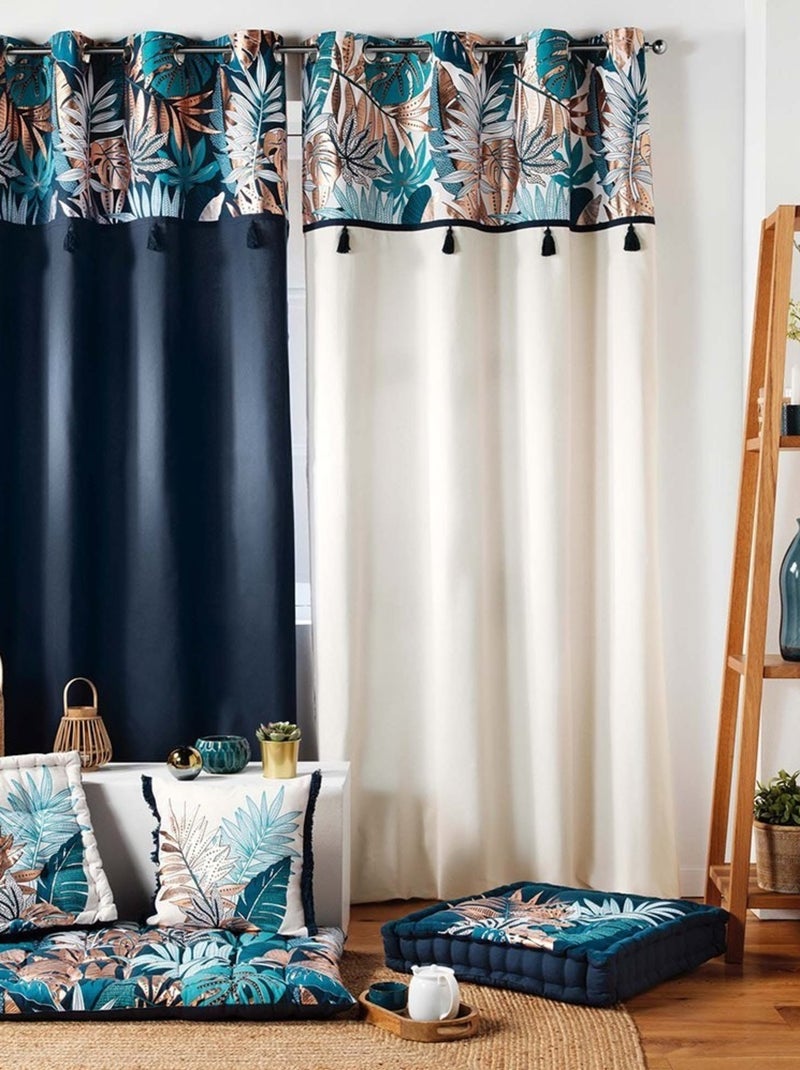 Rideau à œillets 140x240 uni top métallisé pompons Alianor bleu coton Bleu - Kiabi