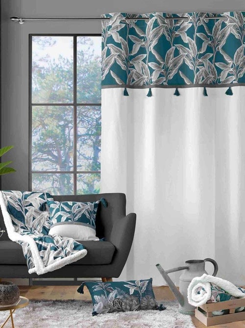 Rideau à œillets 140x240 uni top pompon Isibelle bleu coton - Kiabi