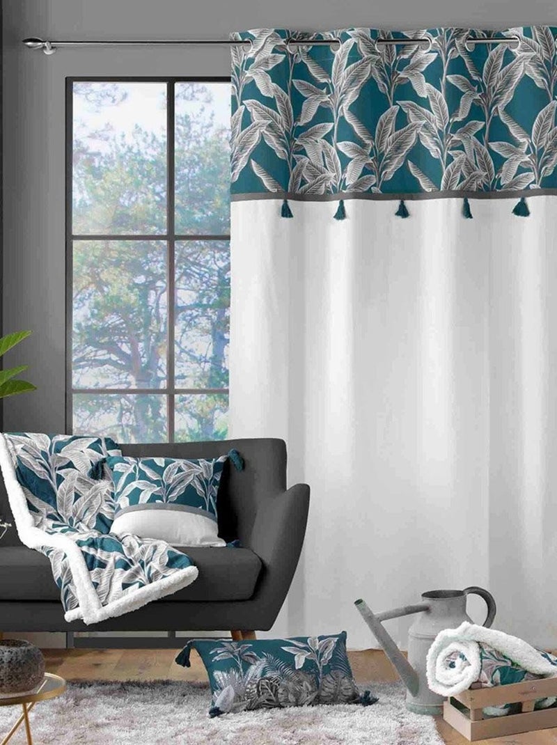 Rideau à œillets 140x240 uni top pompon Isibelle bleu coton Bleu - Kiabi