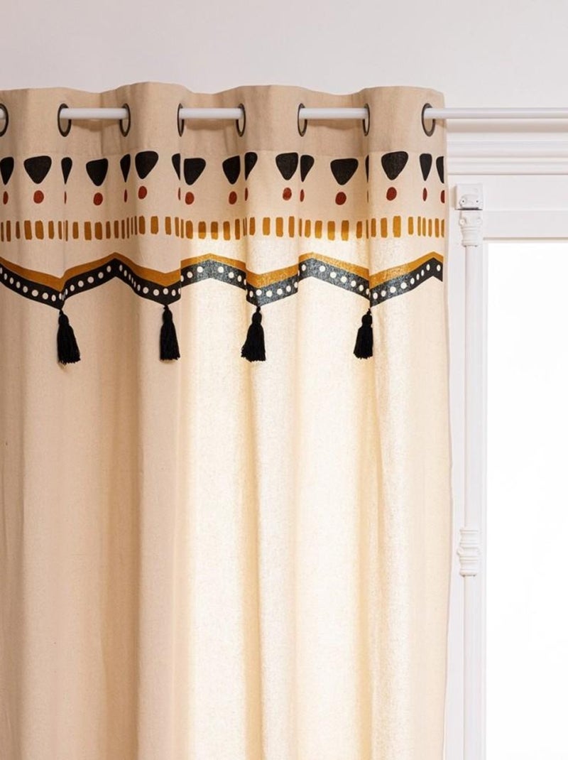 Rideau à œillets 140x260 pompons Tribal coton Beige - Kiabi