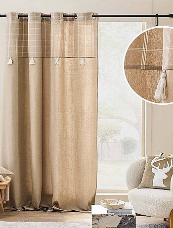 Rideau à œillets avec haut à carreaux et pompons en polycoton