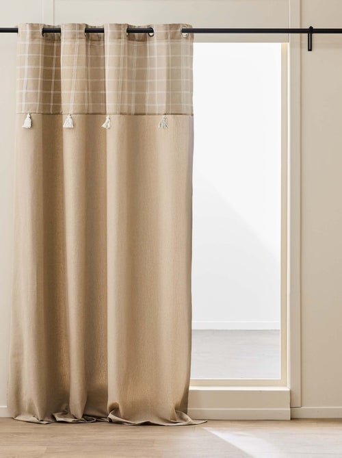 Rideau à œillets avec haut à carreaux et pompons en polycoton - Kiabi