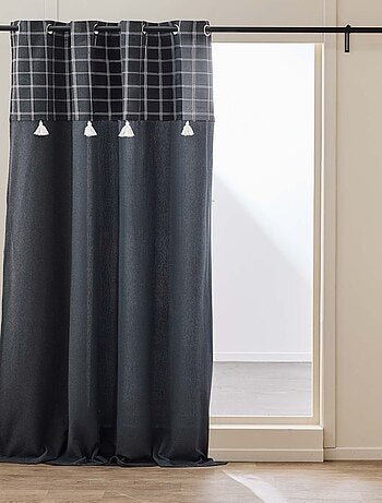 Rideau à œillets avec haut à carreaux et pompons en polycoton