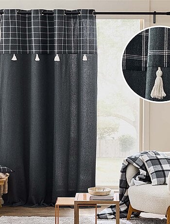 Rideau à œillets avec haut à carreaux et pompons en polycoton