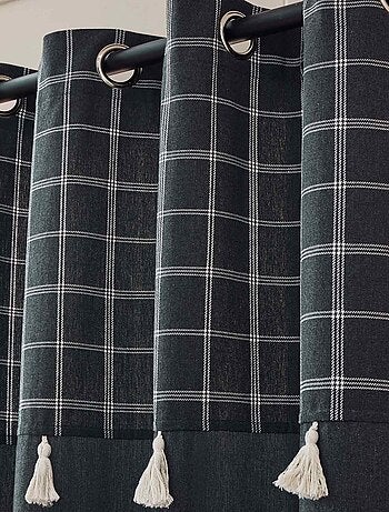 Rideau à œillets avec haut à carreaux et pompons en polycoton
